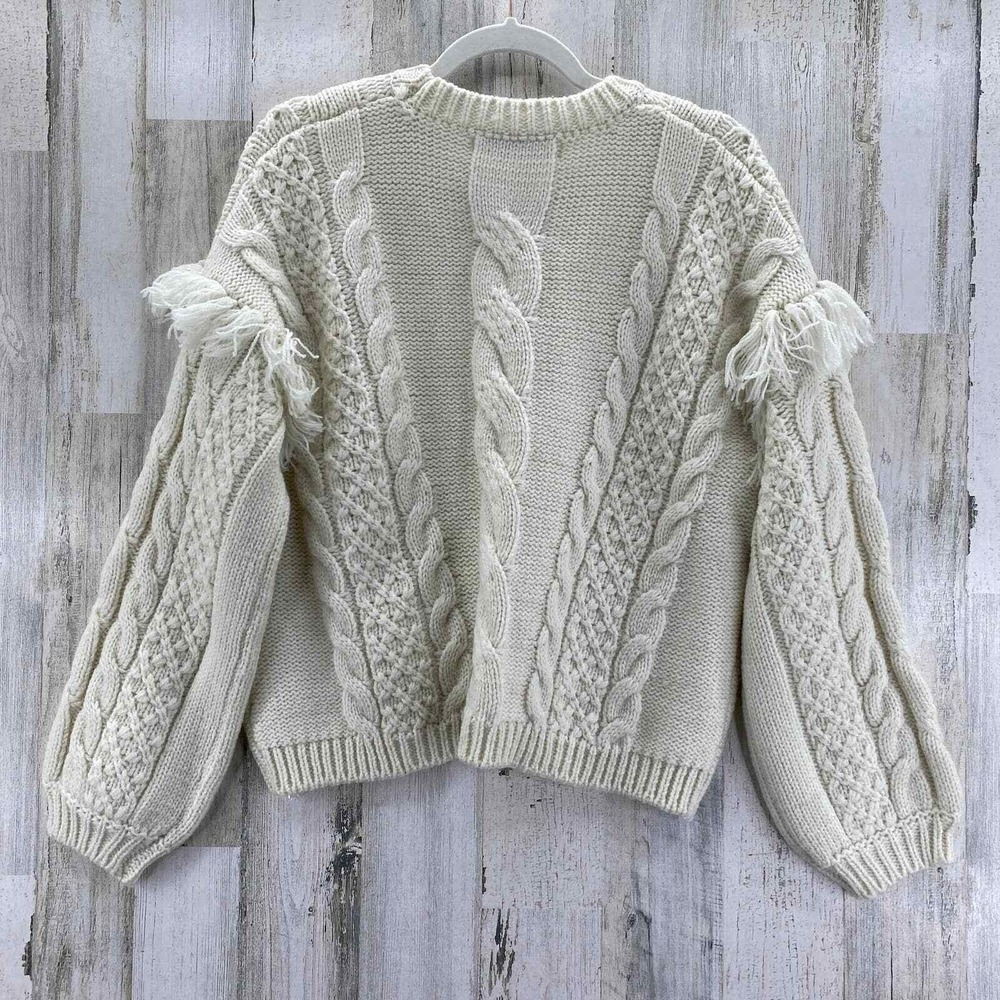 Cupcakes and Cashmere Boho Cozy Sweater Large Cream Cable Knit Fringe Wool Blend - Picture 4 of 10